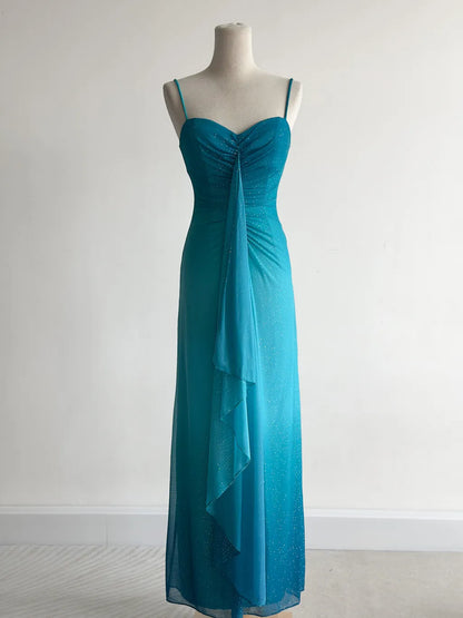 Glitter Gradient Blue Spaghetti Straps Sheath Chiffon Prom Dresses Evening Dress Gowns ED02492