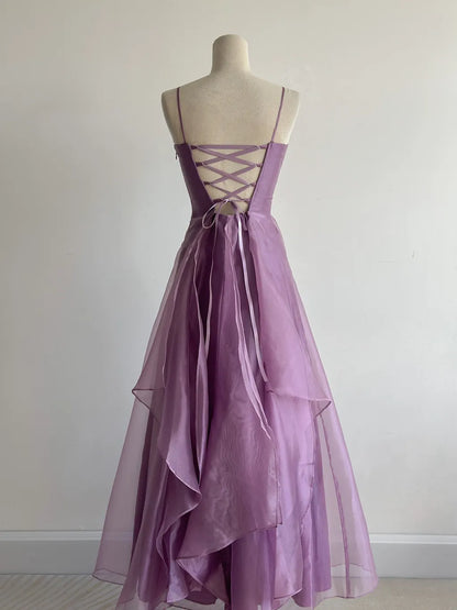 Elegant Purple Spaghetti Straps A-Line Tulle Long Prom Dresses Gothic Formal Evening Gowns ED02493