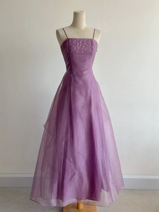 Elegant Purple Spaghetti Straps A-Line Tulle Long Prom Dresses Gothic Formal Evening Gowns ED02493