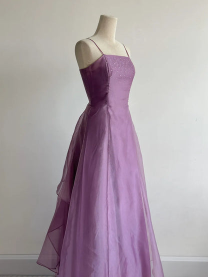 Elegant Purple Spaghetti Straps A-Line Tulle Long Prom Dresses Gothic Formal Evening Gowns ED02493
