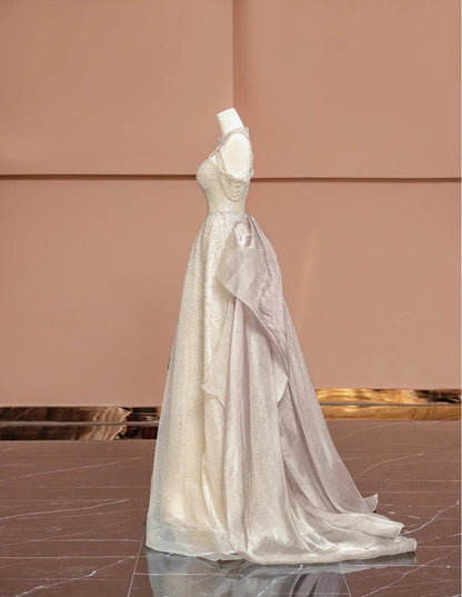 Gorgeous Champagne V-neck A-Line Beaded Tulle Long Prom Dresses Formal Evening Gowns ED02494