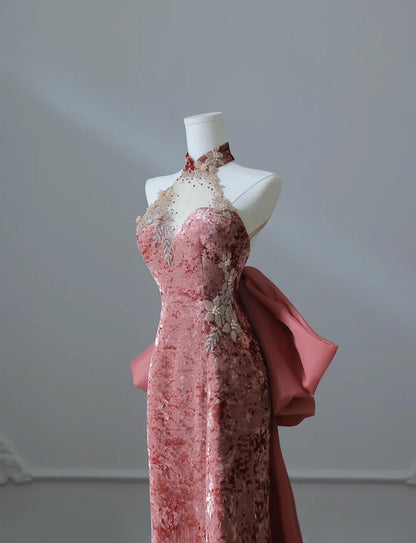 Elegant Dark Peach Mandarin Collar Sheath Printed Velvet Long Prom Dresses Formal Evening Gowns ED02495