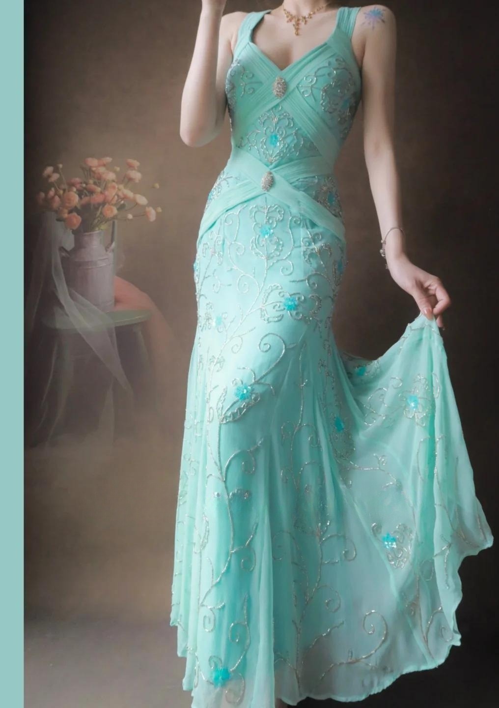 Gorgeous Tiffany Blue V-neck Mermaid Chiffon Beaded Long Prom Dresses Backless Formal Evening Gowns ED02496