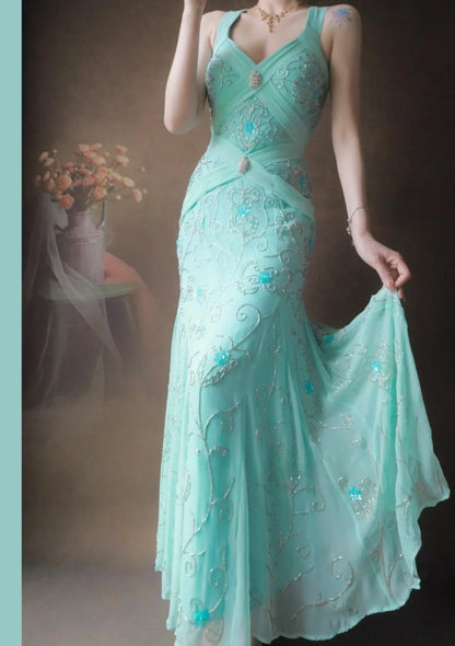 Gorgeous Tiffany Blue V-neck Mermaid Chiffon Beaded Long Prom Dresses Backless Formal Evening Gowns ED02496