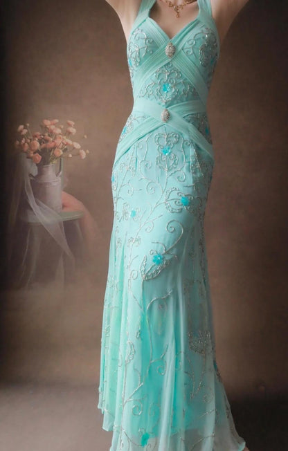 Gorgeous Tiffany Blue V-neck Mermaid Chiffon Beaded Long Prom Dresses Backless Formal Evening Gowns ED02496