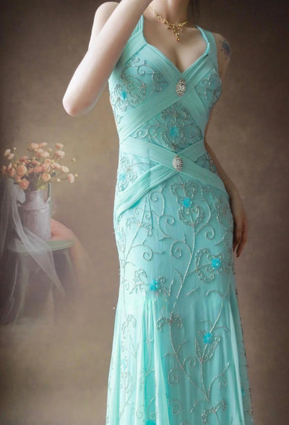 Gorgeous Tiffany Blue V-neck Mermaid Chiffon Beaded Long Prom Dresses Backless Formal Evening Gowns ED02496
