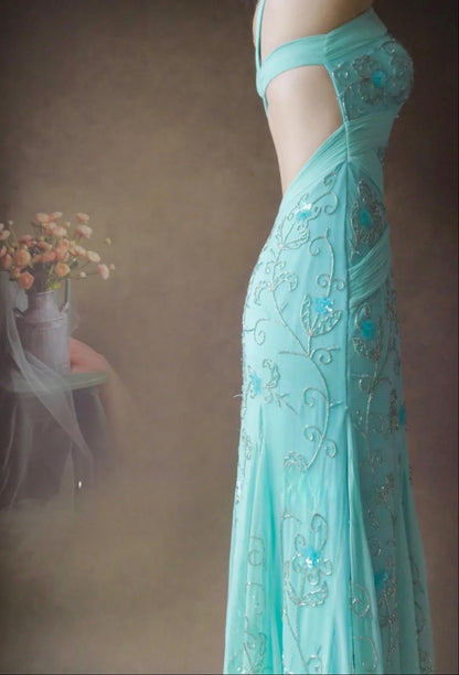 Gorgeous Tiffany Blue V-neck Mermaid Chiffon Beaded Long Prom Dresses Backless Formal Evening Gowns ED02496