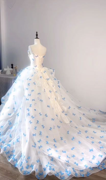 Fairytale White Strapless Tulle A-Line Train Wedding Dress with 3D Butterflies ED02497