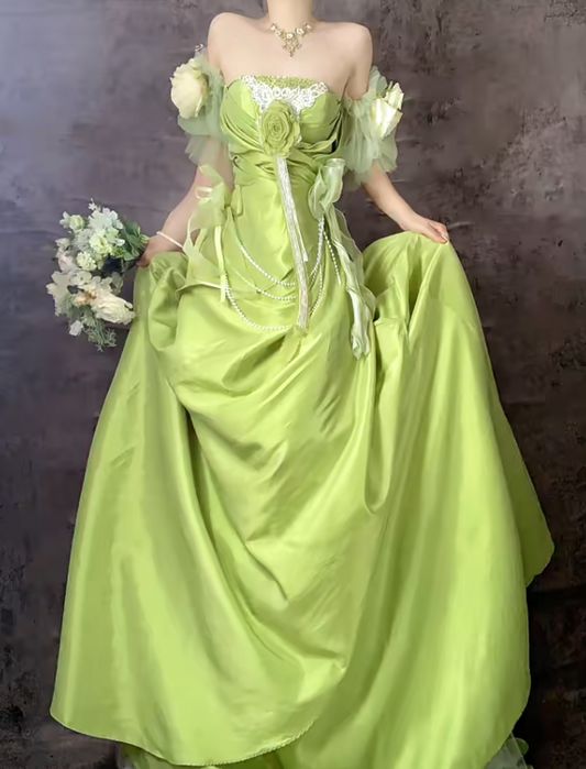 Sweet Green Off Shoulder A-Line Satin Long Prom Dresses Formal Evening Gowns ED02498