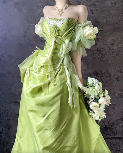 Sweet Green Off Shoulder A-Line Satin Long Prom Dresses Formal Evening Gowns ED02498