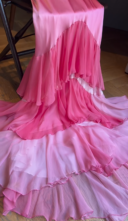 Elegant Pink Straps Mermaid Satin Long Prom Dresses Formal Evening Gowns ED02499