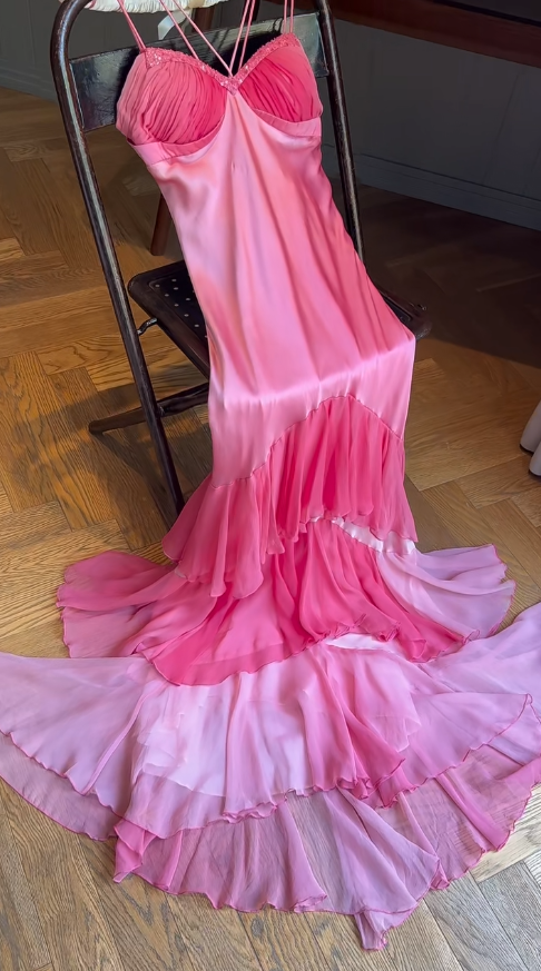 Elegant Pink Straps Mermaid Satin Long Prom Dresses Formal Evening Gowns ED02499