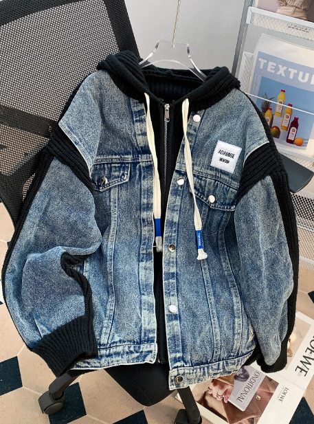 Denim patchwork hooded zip-up cardigan jacket ED0249