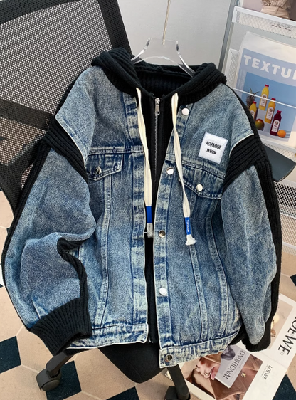 Denim patchwork hooded zip-up cardigan jacket ED0249
