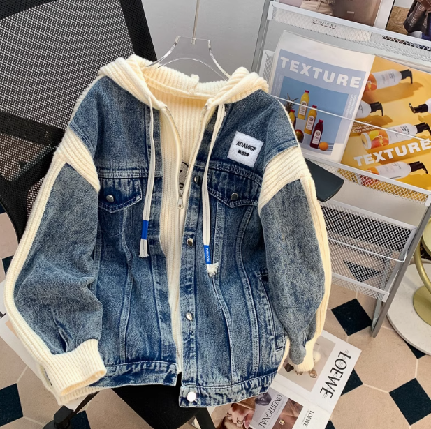 Denim patchwork hooded zip-up cardigan jacket ED0249