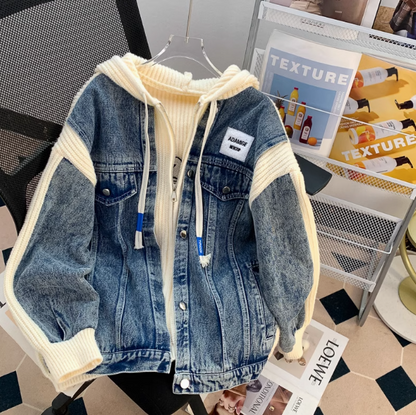 Denim patchwork hooded zip-up cardigan jacket ED0249