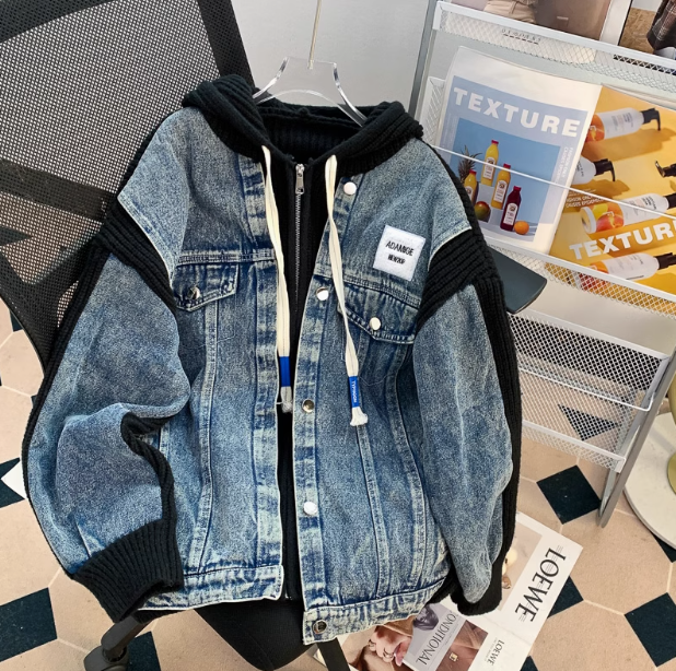 Denim patchwork hooded zip-up cardigan jacket ED0249