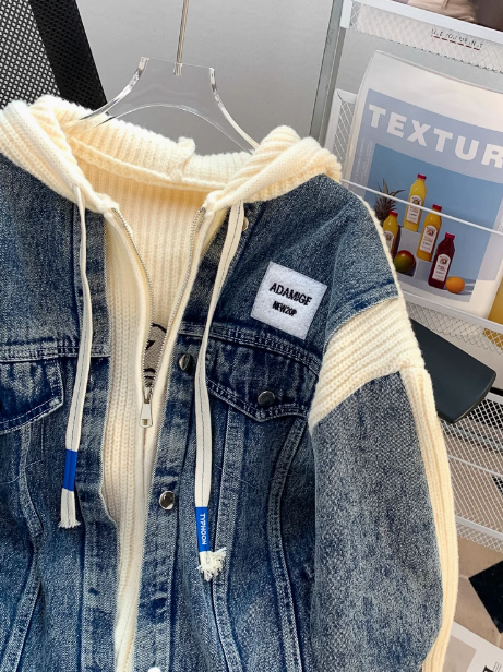 Denim patchwork hooded zip-up cardigan jacket ED0249