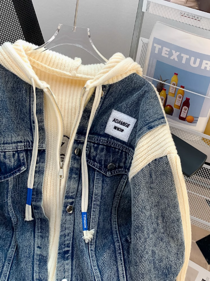 Denim patchwork hooded zip-up cardigan jacket ED0249