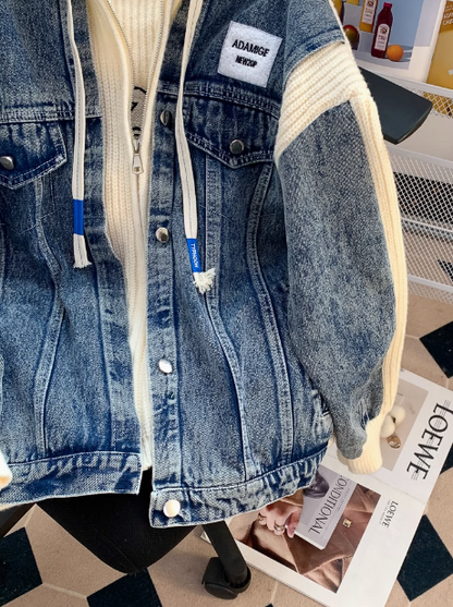 Denim patchwork hooded zip-up cardigan jacket ED0249