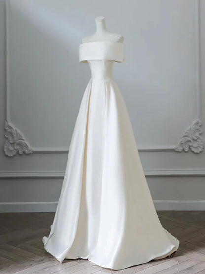 A-Line Off Shoulder Satin Light Champagne Long Prom Dress, Light Champagne Evening Dress ED025