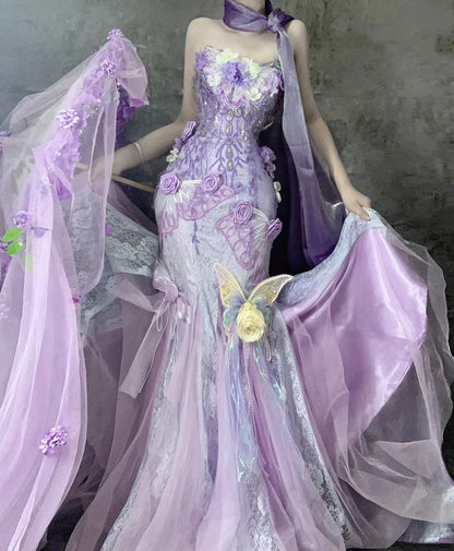 Gorgeous Purple Strapless Mermaid Tulle Applique Long Prom Dresses Sweet 16 Evening Gowns ED02501