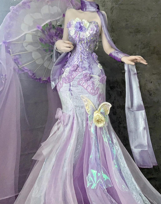 Gorgeous Purple Strapless Mermaid Tulle Applique Long Prom Dresses Sweet 16 Evening Gowns ED02501