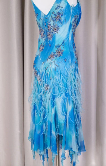 Stunning Blue Spaghetti Straps Sheath Chiffon Beaded Short Prom Dresses ED02502