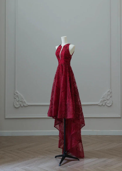 Elegant Red Round Neck A-Line Tulle Hi-Lo Prom Dresses Formal Evening Gowns ED02503