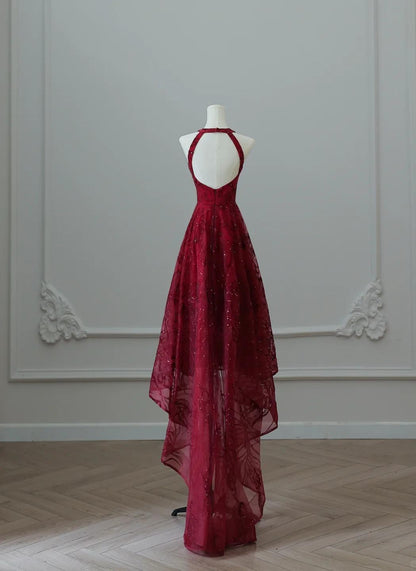 Elegant Red Round Neck A-Line Tulle Hi-Lo Prom Dresses Formal Evening Gowns ED02503