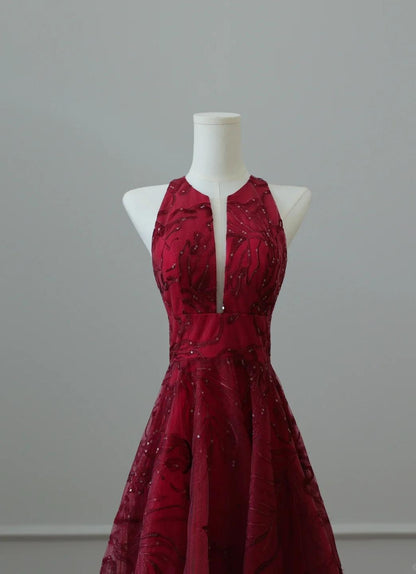 Elegant Red Round Neck A-Line Tulle Hi-Lo Prom Dresses Formal Evening Gowns ED02503