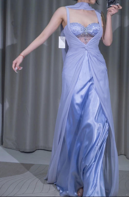 Glam Purple  Sweetheart Neck Sheath Satin Chiffon Long Prom Dresses Formal Evening Gowns ED02504