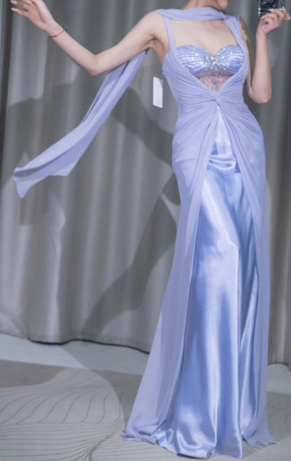 Glam Purple  Sweetheart Neck Sheath Satin Chiffon Long Prom Dresses Formal Evening Gowns ED02504