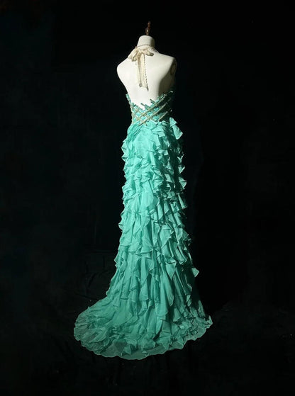 Sweet Mint Green Sweetheart Mermaid Chiffon Long Prom Dresses Backless Formal Evening Gowns ED02505