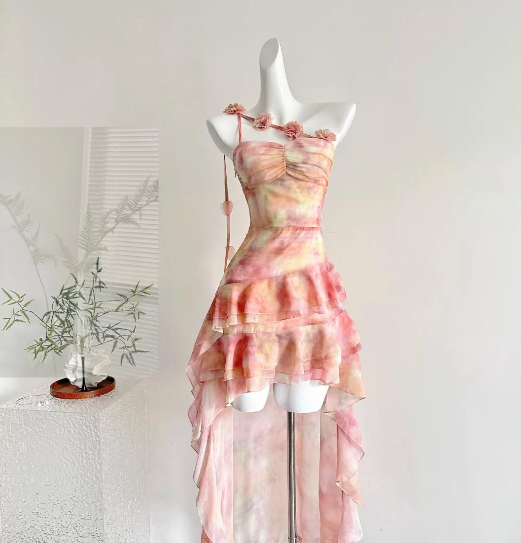 Sweet Pink One Shoulder Chiffon Hi-Lo Party Dress ED02507