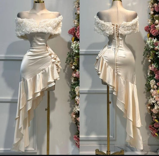 Sexy Light Champagne Off-the-shoulder Bodycon Satin Ruffle Short Prom Dresses Homecoming Dresses ED02510