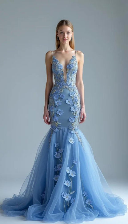 Elegant Blue Deep V Neck Tulle Mermaid Applique Long Prom Dresses Formal Evening Dress ED02512