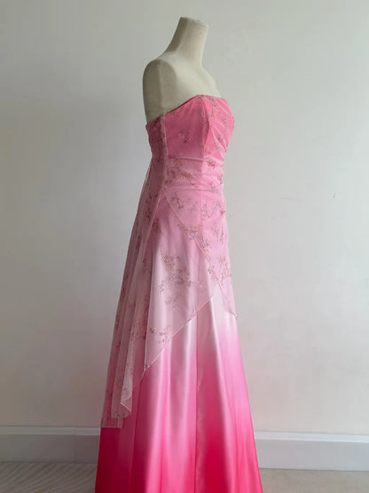 Sweet Gradient Pink Strapless A-Line Satin Prom Dresses Vintage Beaded Evening Gowns ED02514
