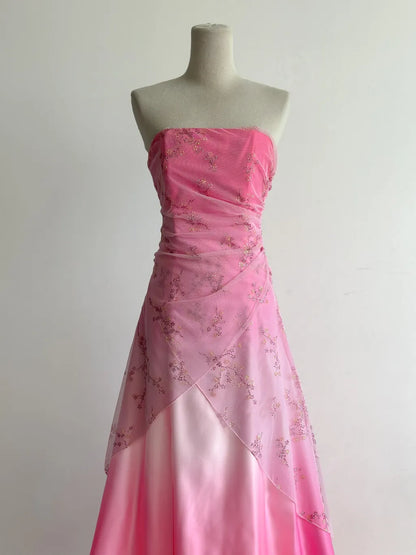 Sweet Gradient Pink Strapless A-Line Satin Prom Dresses Vintage Beaded Evening Gowns ED02514