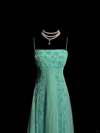 Stunning Green Spaghetti Straps Satin Beading  Empire Prom Dresses Vintage Formal Evening Gowns ED02517
