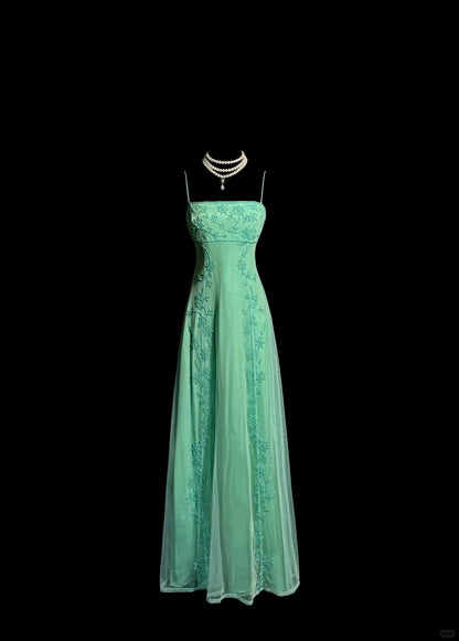 Stunning Green Spaghetti Straps Satin Beading  Empire Prom Dresses Vintage Formal Evening Gowns ED02517