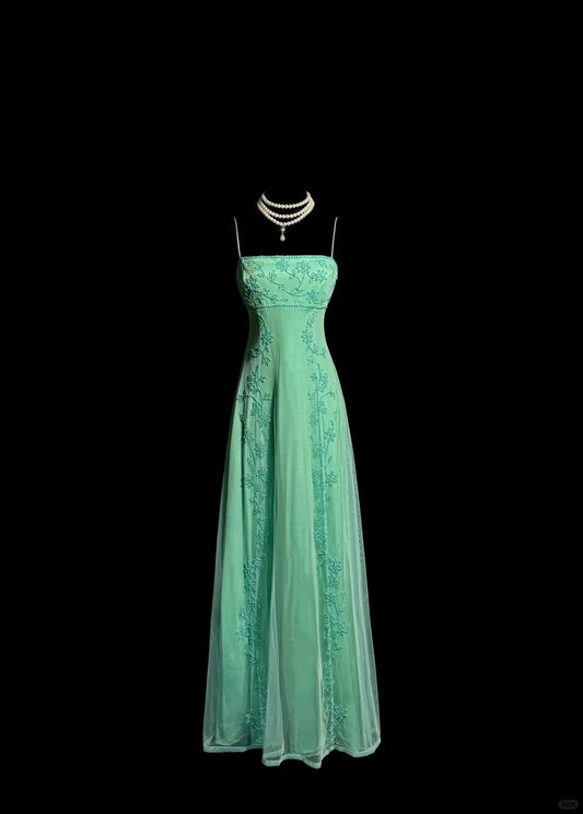 Stunning Green Spaghetti Straps Satin Beading  Empire Prom Dresses Vintage Formal Evening Gowns ED02517