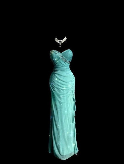 Tiffany Blue Glitter Chiffon Sweetheart Sheath Prom Dresses Formal Evening Gowns with Ruffles ED02520