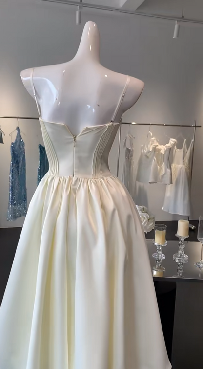 Sweet Cream Spaghetti Straps A-Line Satin Short Prom Dresses Birthday Evening Gowns ED02521