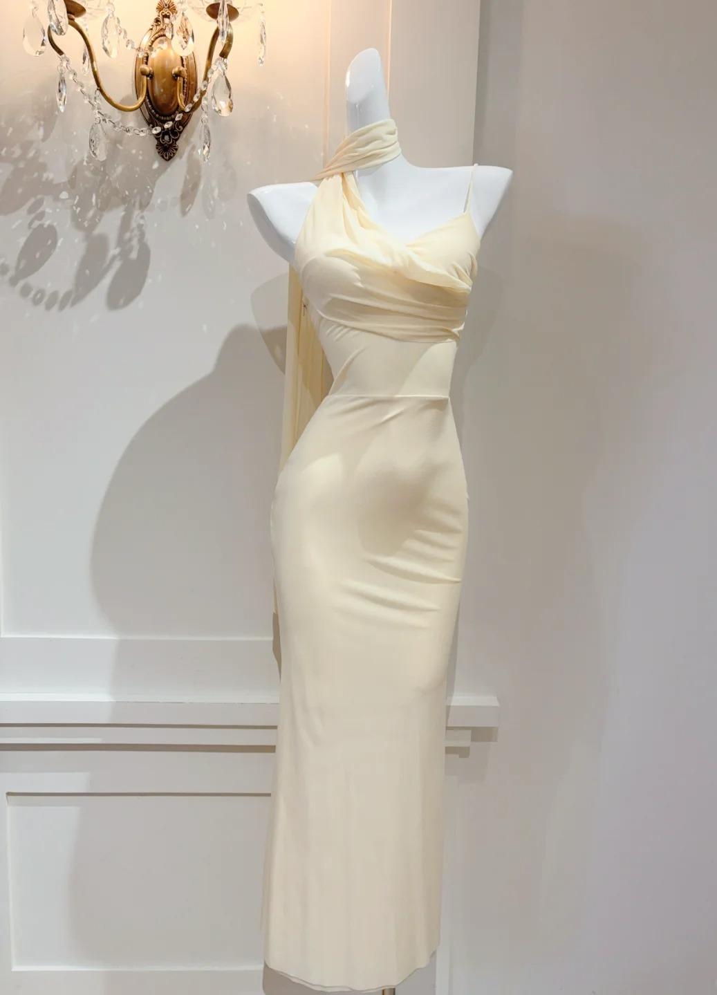 Elegant Butter Yellow Asymmetric Neck Chiffon Bodycon Party Dress Short Prom Dresses ED02523