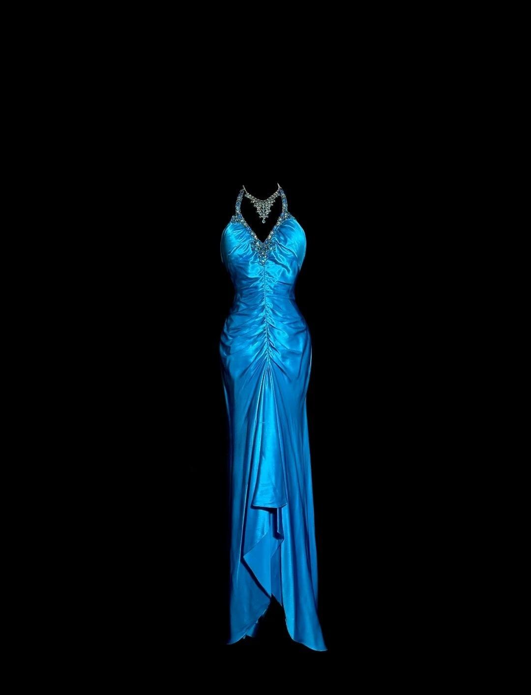 Elegant Blue V-neck Mermaid Beaded Satin Long Prom Dresses Backless Evening Gowns ED02528