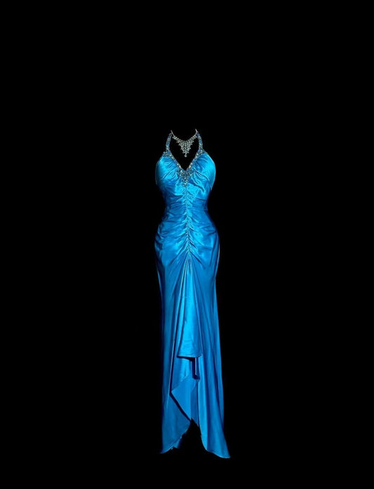 Elegant Blue V-neck Mermaid Beaded Satin Long Prom Dresses Backless Evening Gowns ED02528
