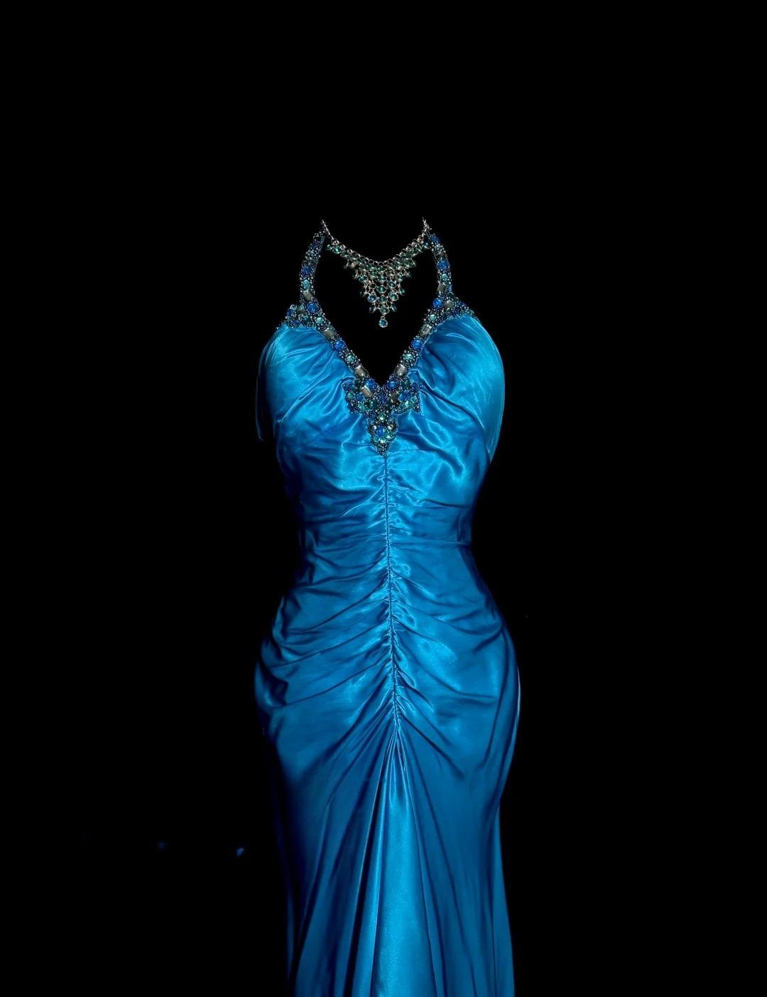 Elegant Blue V-neck Mermaid Beaded Satin Long Prom Dresses Backless Evening Gowns ED02528