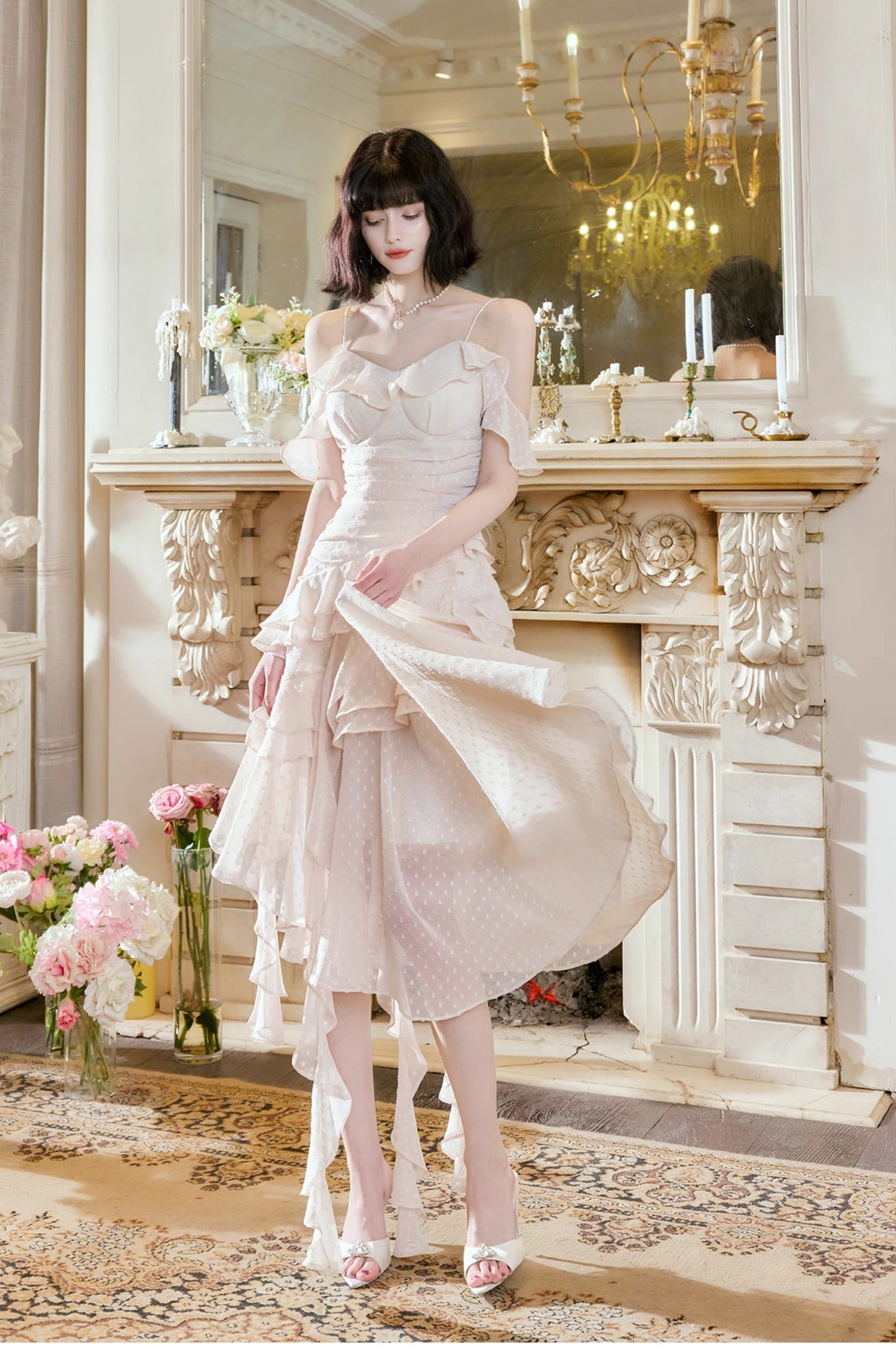 Glam Light Apricot Spaghetti Straps Chiffon Polka Dots Ruffles A-line Party Dress ED02529