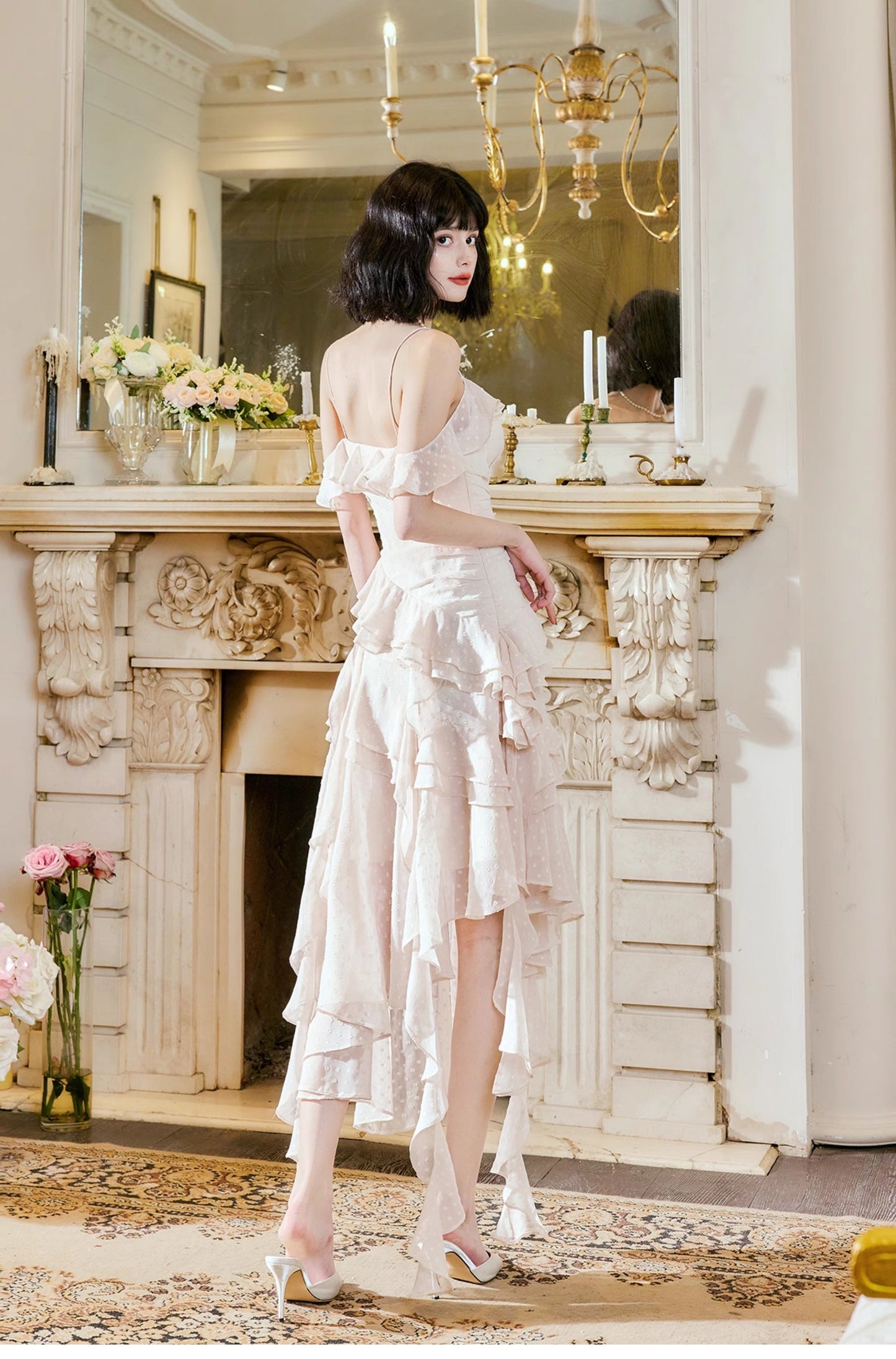 Glam Light Apricot Spaghetti Straps Chiffon Polka Dots Ruffles A-line Party Dress ED02529